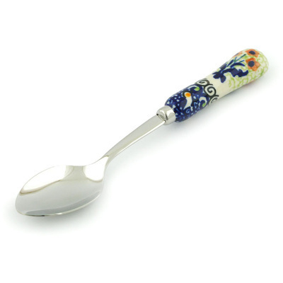 Polish Pottery Stainless Steel Spoon 6&quot; Red Daisy Blooms UNIKAT