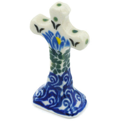 Polish Pottery Standing Cross 2&quot; Blue Blooms