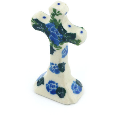 Polish Pottery Standing Cross 2&quot; Blue Rose