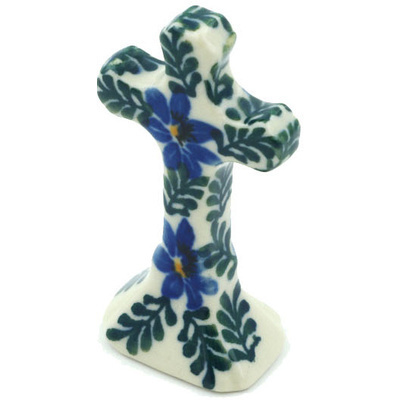 Polish Pottery Standing Cross 2&quot; Blue Violets