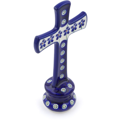 Polish Pottery Standing Cross 4&quot; Flowering Peacock