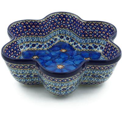 Polish Pottery Star Shaped Bowl 9&quot; Cobalt Poppies UNIKAT
