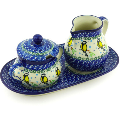Polish Pottery Sugar and Creamer Set 11&quot; Happy Goldfinch