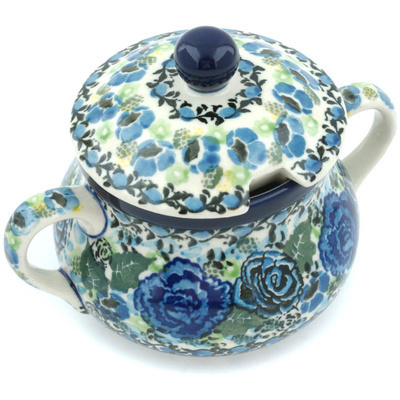 Polish Pottery Sugar Bowl 11 oz Blue Gardens UNIKAT
