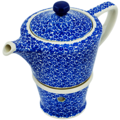 Polish Pottery Tea or Coffe Pot with Heater 14 oz Blue Bounty