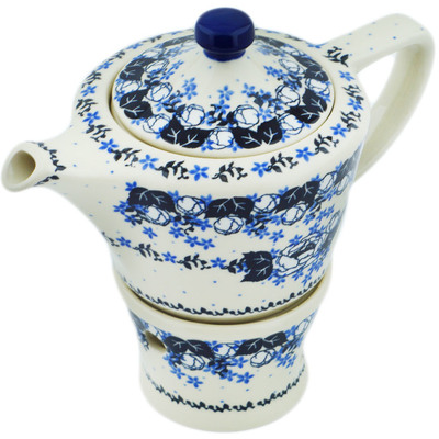 Polish Pottery Tea or Coffe Pot with Heater 14 oz Flowers At Dusk