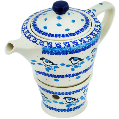Polish Pottery Tea or Coffe Pot with Heater 14 oz Winter Sparrow