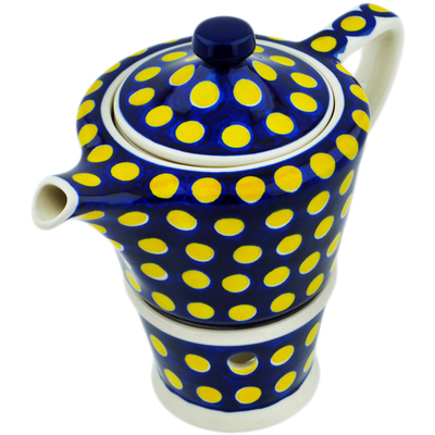 Polish Pottery Tea or Coffe Pot with Heater 14 oz Yellow Dots