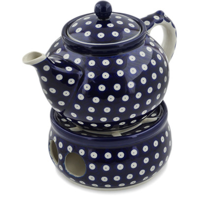 Polish Pottery Tea or Coffe Pot with Heater 40 oz Blue Eyes
