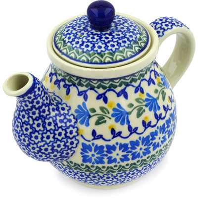 Polish Pottery Tea or Coffee Pot 20 oz Blue Fan Flowers