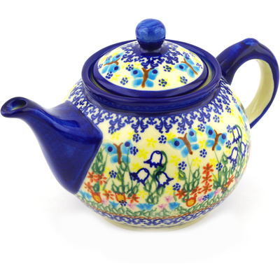 Polish Pottery Tea or Coffee Pot 34 oz Butterfly Garden UNIKAT