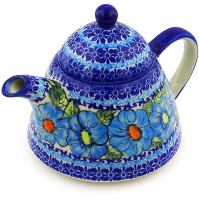 Polish Pottery Tea or Coffee Pot 39 oz Bold Blue Poppies UNIKAT