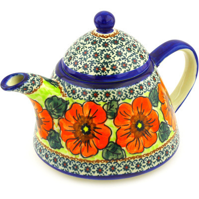 Polish Pottery Tea or Coffee Pot 39 oz Fiery Poppies UNIKAT