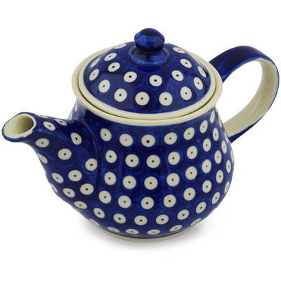 Polish Pottery Tea or Coffee Pot 40 oz Blue Eyed Peacock