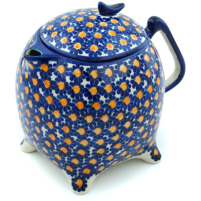 Polish Pottery Tea or Coffee Pot 62 oz Blue Sunflower UNIKAT