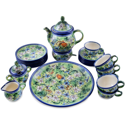 Polish Pottery Tea or Coffee Set for Six 55 oz Floral Flight