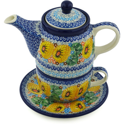 Polish Pottery Tea Set for One 17 oz Enchanted Spring UNIKAT