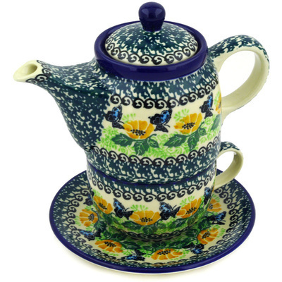Polish Pottery Tea Set for One 17 oz Poppies And Butterflies