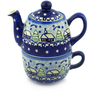 Polish Pottery Tea Set for One 19 oz Village Stars UNIKAT