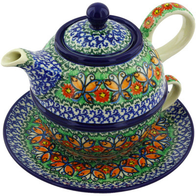 Polish Pottery Tea Set for One 22 oz Butterfly Chain UNIKAT
