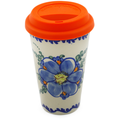 Polish Pottery Travel Coffee Mug Blue Garden UNIKAT