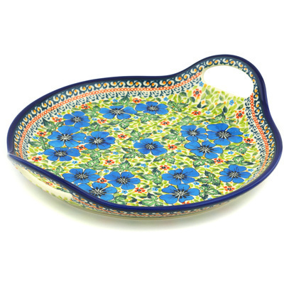 Polish Pottery Tray with Handles 13&quot; Vibrant Blue Flowers UNIKAT