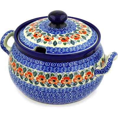 Polish Pottery Tureen 122 oz Red Poppies On Blue