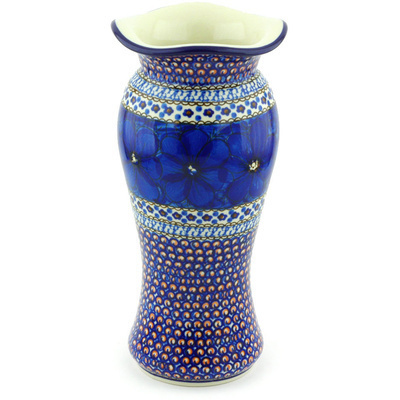 Polish Pottery Vase 11&quot; Cobalt Poppies UNIKAT