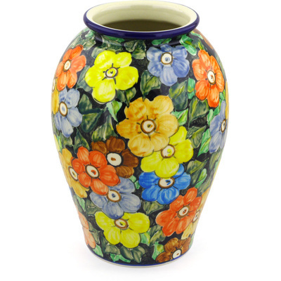 Polish Pottery Vase 12&quot; Springtime Flowers UNIKAT