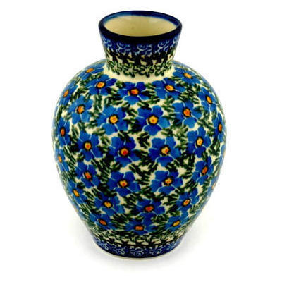 Polish Pottery Vase 6&quot; Blue Daisy Dream UNIKAT