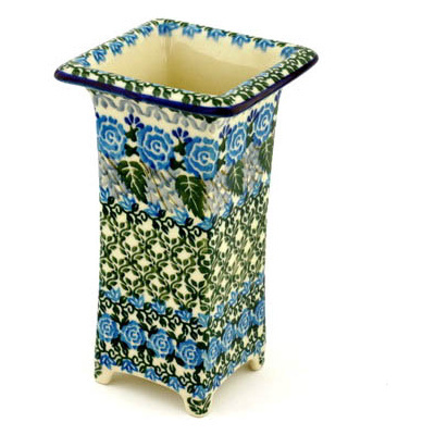 Polish Pottery Vase 6&quot; Blue Rose Trellis UNIKAT