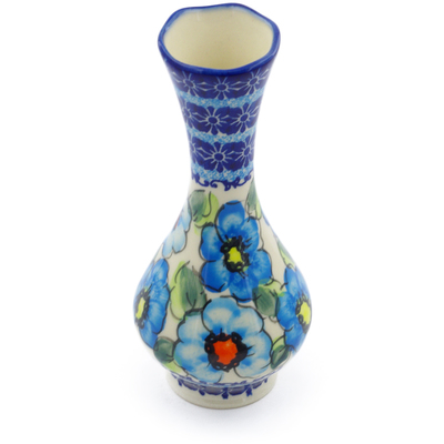 Polish Pottery Vase 7&quot; Bold Blue Poppies UNIKAT