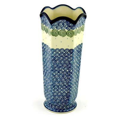 Polish Pottery Vase 9&quot; Swirling Polka Dot