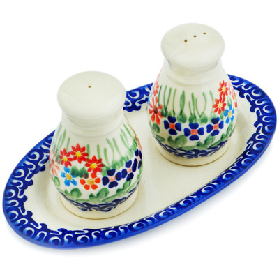 Polish Pottery 3-Piece Salt and Pepper Set with Tray Blissful Daisy