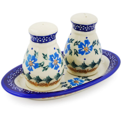 Polish Pottery 3-Piece Salt and Pepper Set with Tray Blue Cornflower
