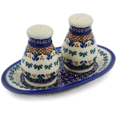 Polish Pottery 3-Piece Salt and Pepper Set with Tray Blue Cress