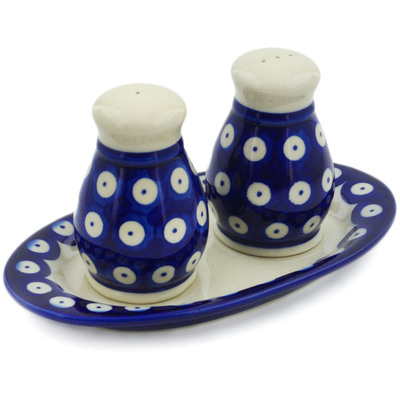 Polish Pottery 3-Piece Salt and Pepper Set with Tray Blue Eyed Peacock