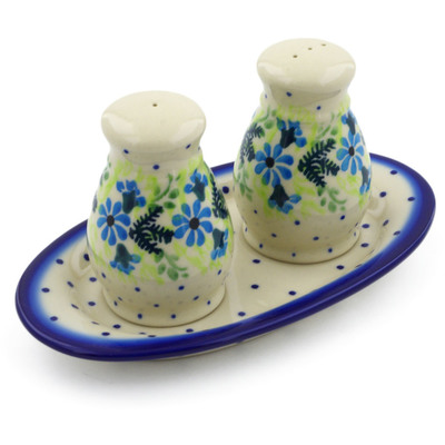 Polish Pottery 3-Piece Salt and Pepper Set with Tray Blue Wreath