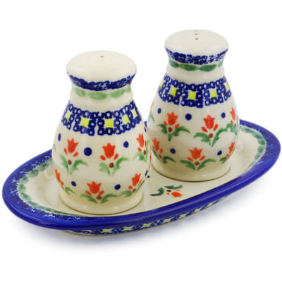 Polish Pottery 3-Piece Salt and Pepper Set with Tray Cocentric Tulips