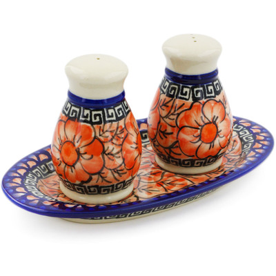 Polish Pottery 3-Piece Salt and Pepper Set with Tray Fire Poppies UNIKAT