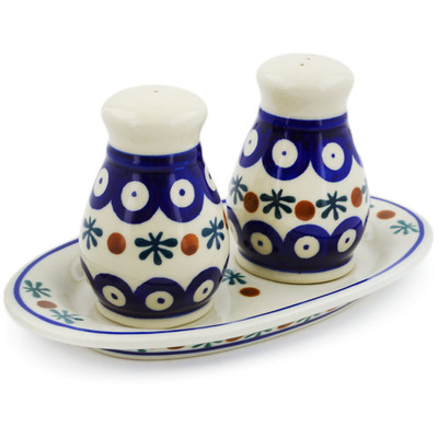 Polish Pottery 3-Piece Salt and Pepper Set with Tray Mosquito