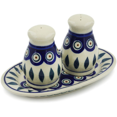 Polish Pottery 3-Piece Salt and Pepper Set with Tray Peacock
