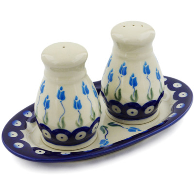 Polish Pottery 3-Piece Salt and Pepper Set with Tray Peacock Tulip Garden