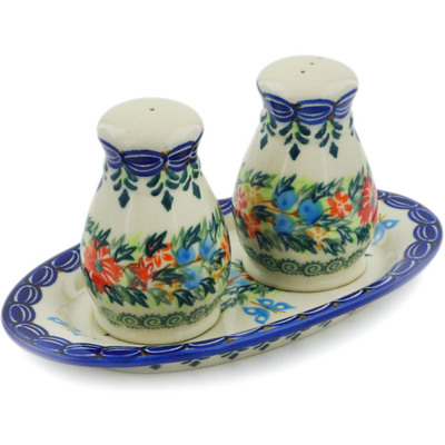 Polish Pottery 3-Piece Salt and Pepper Set with Tray Ring Of Flowers UNIKAT