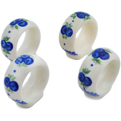 Polish Pottery 4-Piece Napkin Rings Set Blueberry Dreams