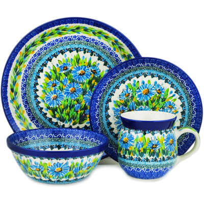 Polish Pottery 4-Piece Place Setting Bouquet Azul UNIKAT