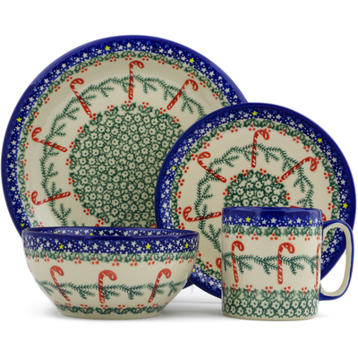 Polish Pottery 4-Piece Place Setting Candy Cane Wreath
