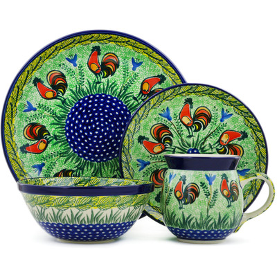 Polish Pottery 4-Piece Place Setting Rooster Parade UNIKAT