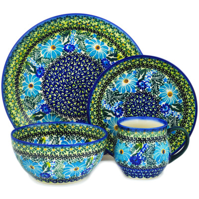 Polish Pottery 4-Piece Place Setting Soft Blue Petals UNIKAT