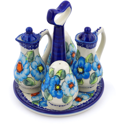 Polish Pottery 5-Piece Seasoning Set Bold Blue Poppies UNIKAT